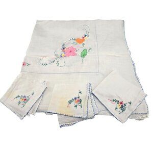 Vintage Embroidered Linen Tablecloth & Napkins Set With Floral Design JJ3968